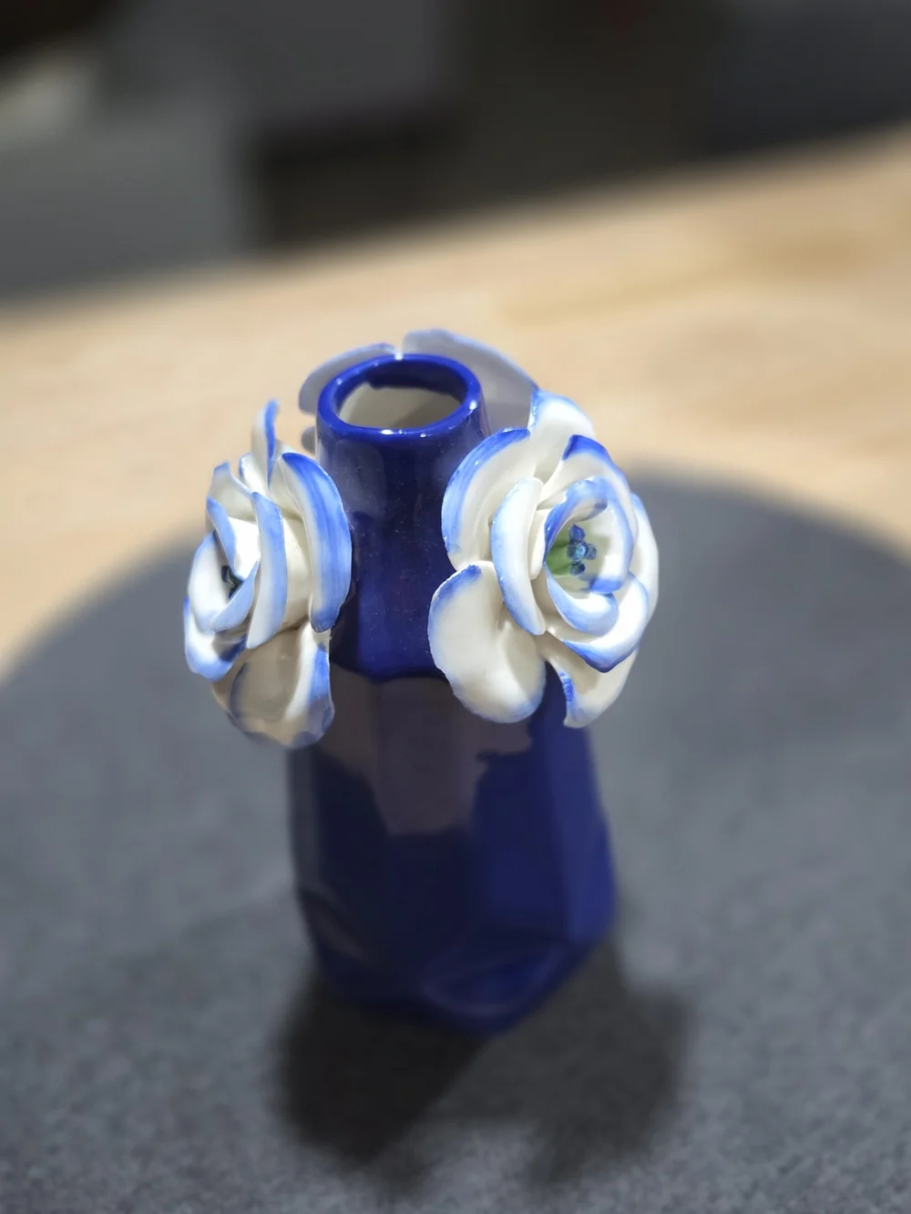 Anthropologie Cobalt Blue Ceramic Vase with White Blossom Accents